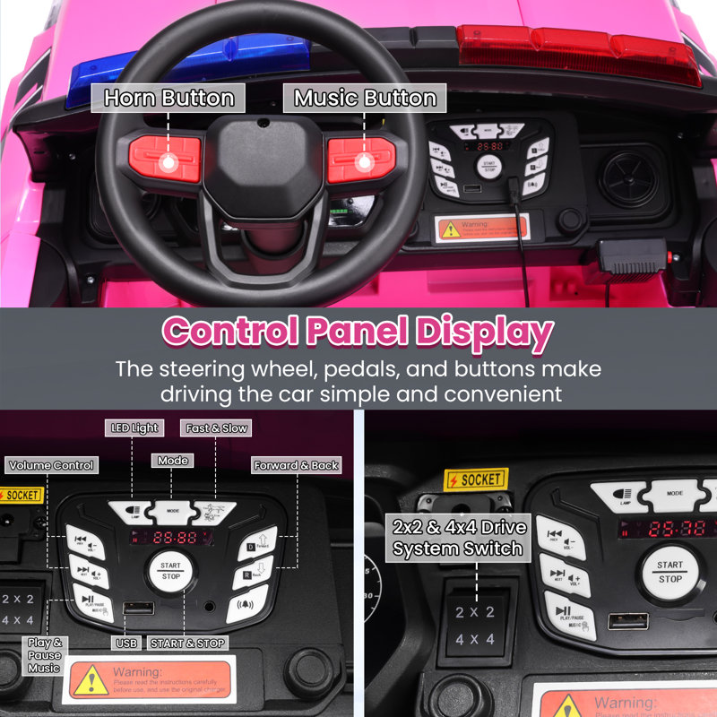 24V Pink 2-Seater Ride-On Police Truck with Remote Control