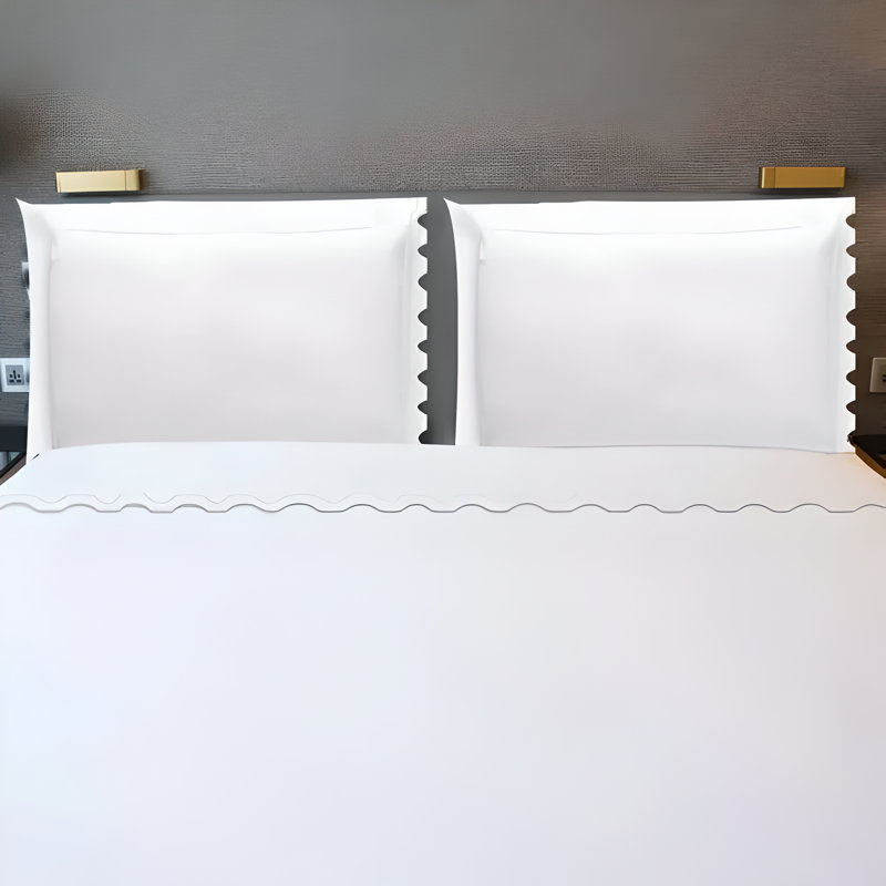 400TC Zig & Zag U Shape Scallop Embroidery Cotton 4 Piece Sheet Set Fitted Sheet Fits Upto 16" Deep Pocket, King Sheet Set