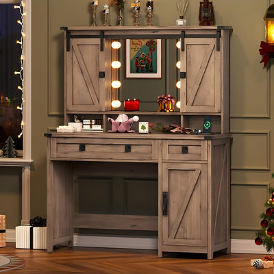 Shiala 41" W Farmhouse Makeup Vanity Desk with Mirror, Bedroom Dressing Table with Cabinets