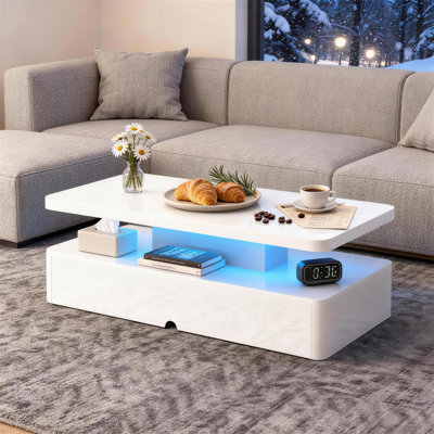 Modern High Gloss Coffee Table With Led Light, Double-Layer Lighted Cocktail Table for Living Room Small Apartment Home Decor