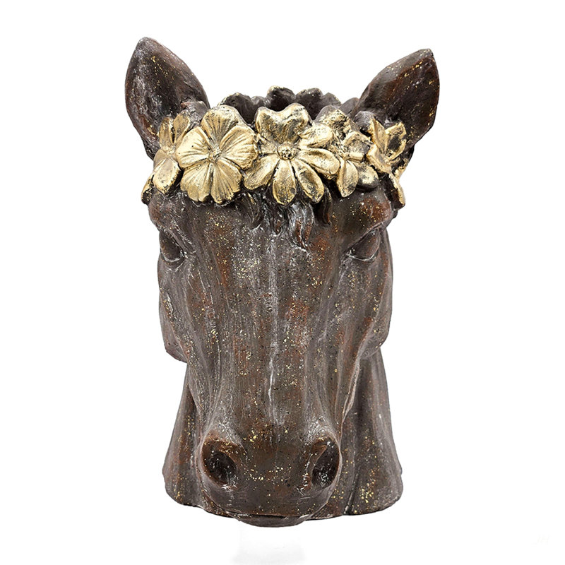 Pot à fleurs 14,5 x 8,5 x 13,5 po en magnésium avec fini brun texturé et couronne feuille d'or