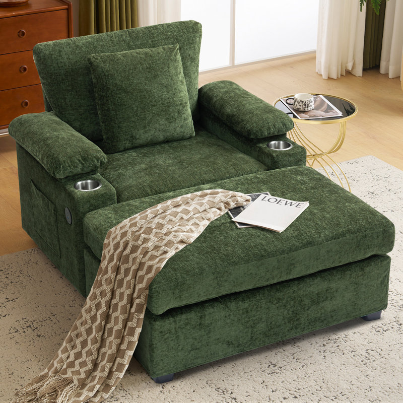 Fauteuil surdimensionné en chenille avec repose-pieds, porte-gobelet et port de chargement USB, Vert