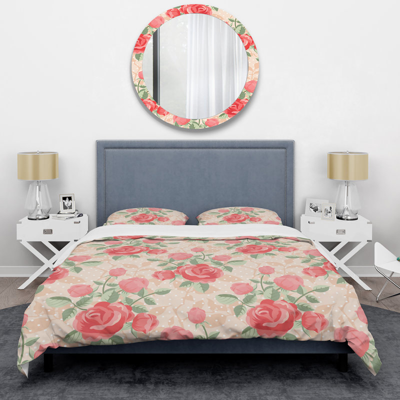 Roses rouges et feuille verte - ensemble de housse de couette à motif floral - microfibre de polyester