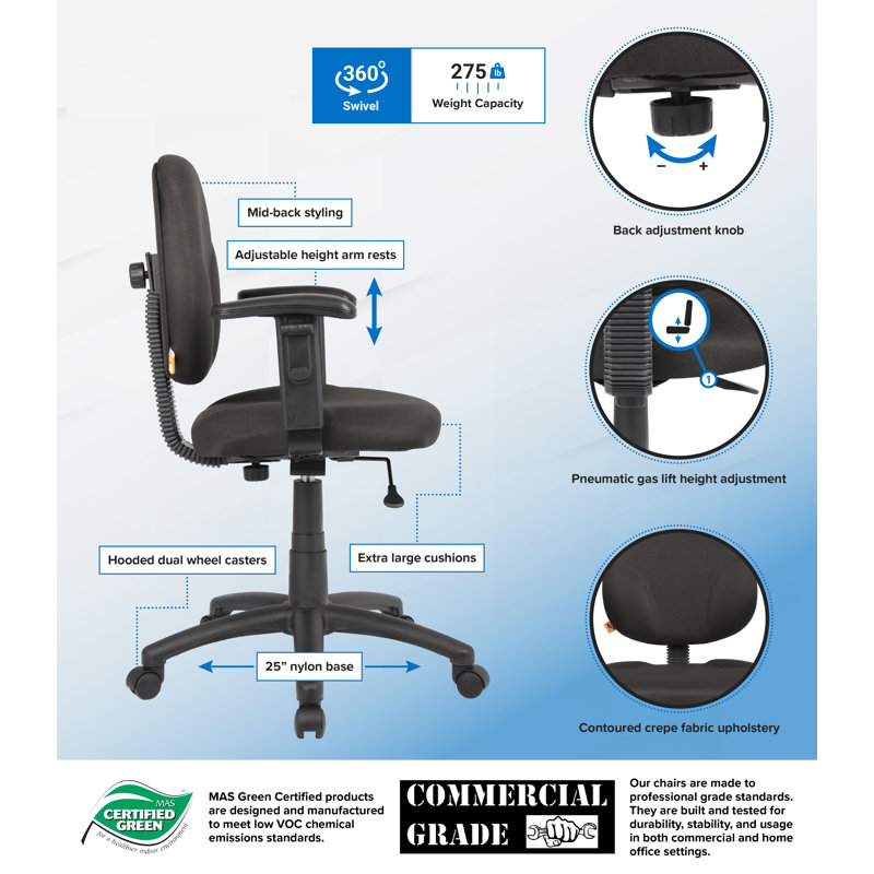 Ergonomic Diamond Task Chair with Adjustable Arms - Black