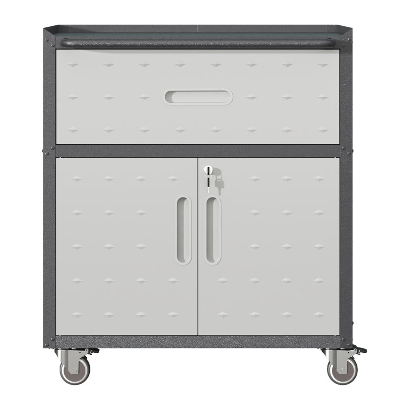 Armoire à outils en métal robuste et durable pour le garage avec roues - Armoire de rangement mobile robuste avec 1 tiroir et 2 portes verrouillables, armoire de rangement à outils roulante, noir et gris