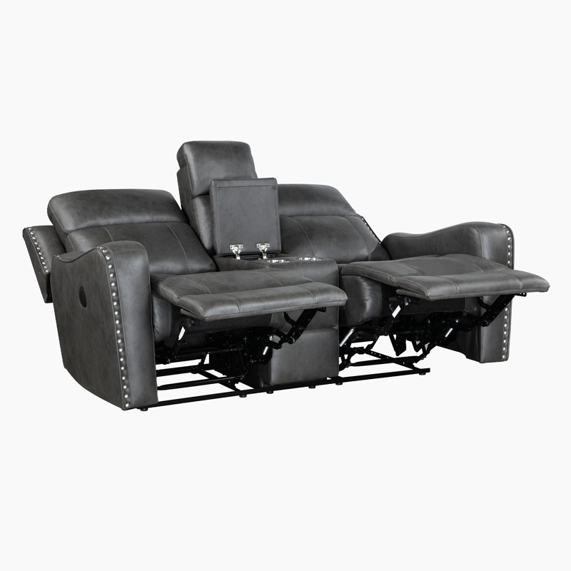 Ikher 72" Modern & Contemporary Polished Microfiber Power Double Reclining Love Seat with Power Motion, USB Charging, Center Storage Console & Elegant Nailhead Trim