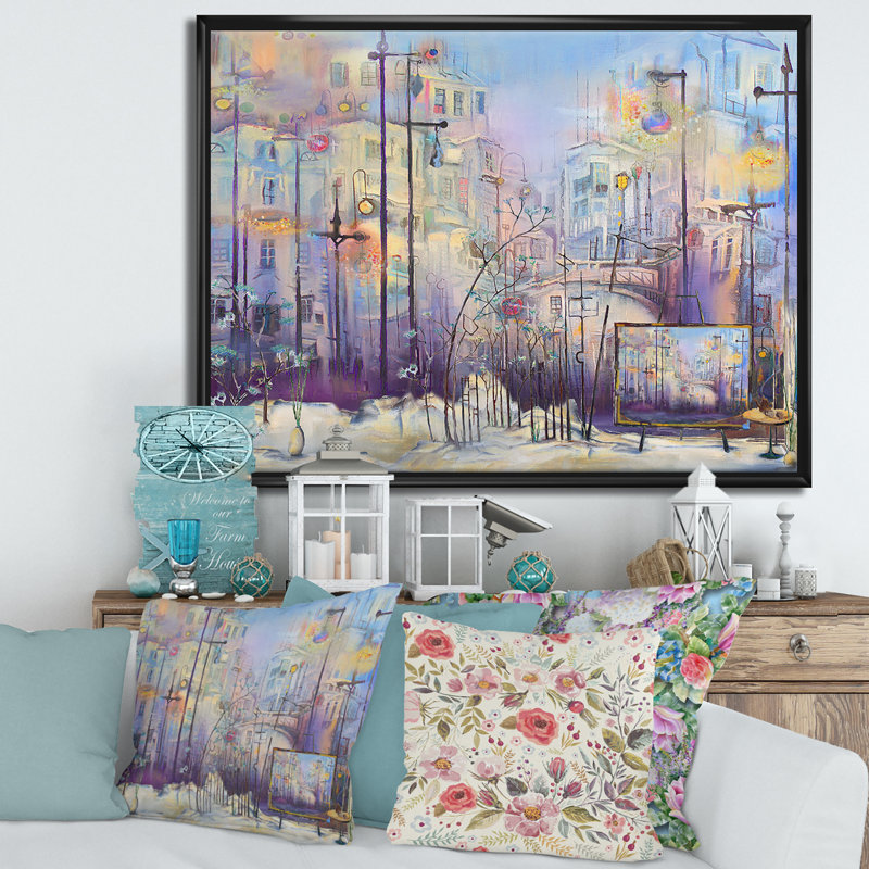 Abstract Pastel Cityscape - Painting on Canvas, 12" H x 20" W x 1" D, Black Floater Frame