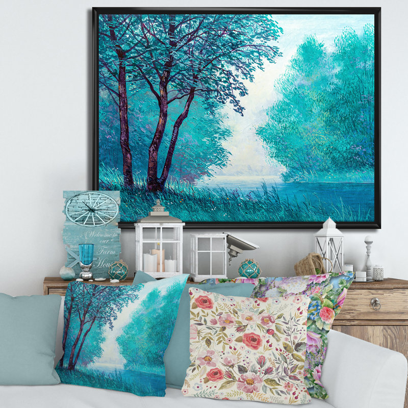 «Blue Colored Tree Impression III», peinture sur toile, H 30 po x l 40 po x 1,5 po, Cadre flottant noir
