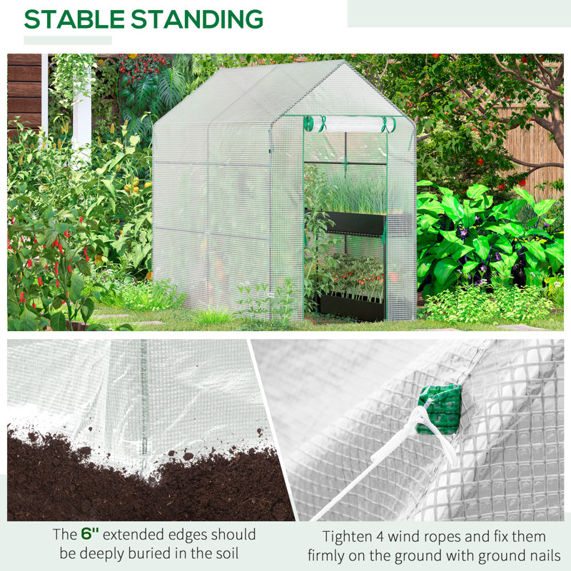 White Steel Walk-In Greenhouse with Shelves and Roll-Up Door