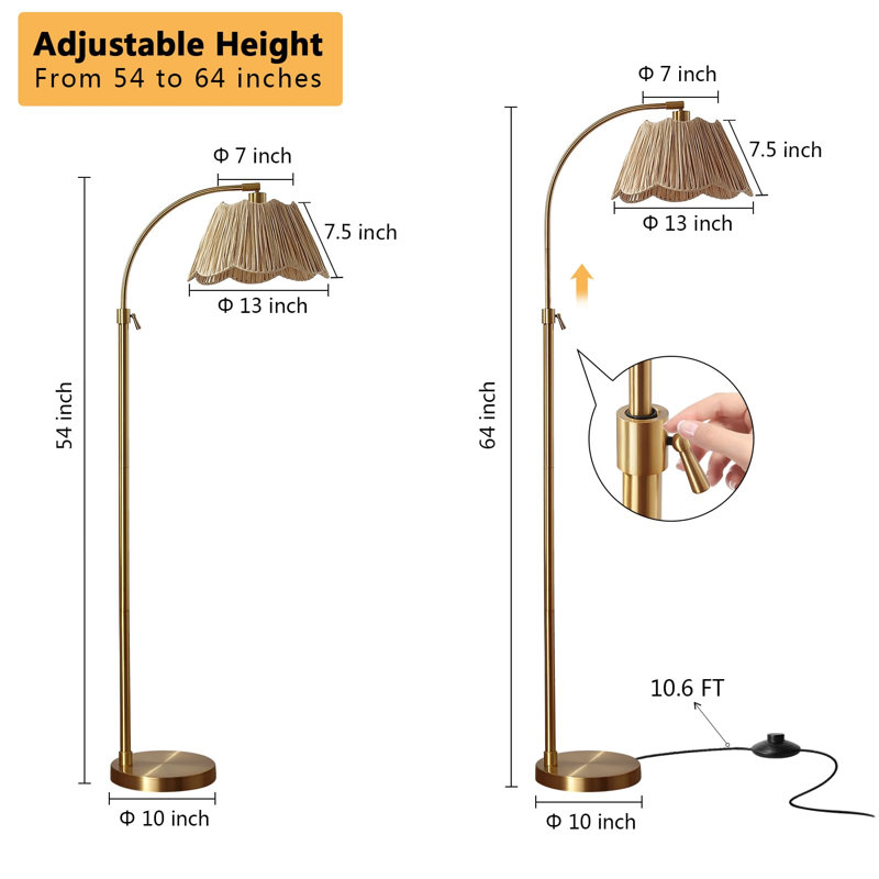 Lampe sur pied ajustable avec abat-jour tissé en rotin naturel, lampe sur pied Boho moderne de style Mid-Century, lampe sur pied rétro (or)
