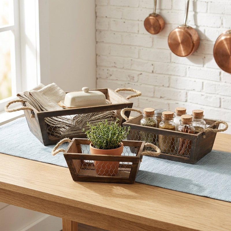 Ensemble de 3 caisses coniques et en bois Irona - brun, Brun