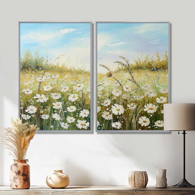 "Daisies In The Sunlight Flowers Field - Floral Flower Field, art mural sur toile, Argent argent, H 36 po x l 48 po