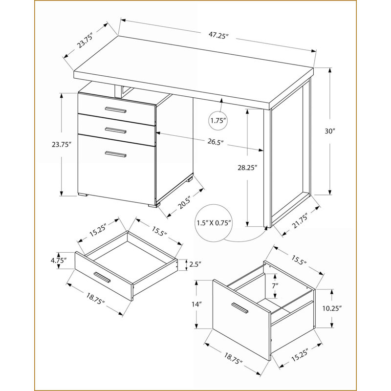 Bureaux, bureau d'ordinateur moderne de L 48 po avec configuration réversible Tiroirs de rangement, stratifié brun cerise & amp; Métal noir | Cerise | Panneau de particules
