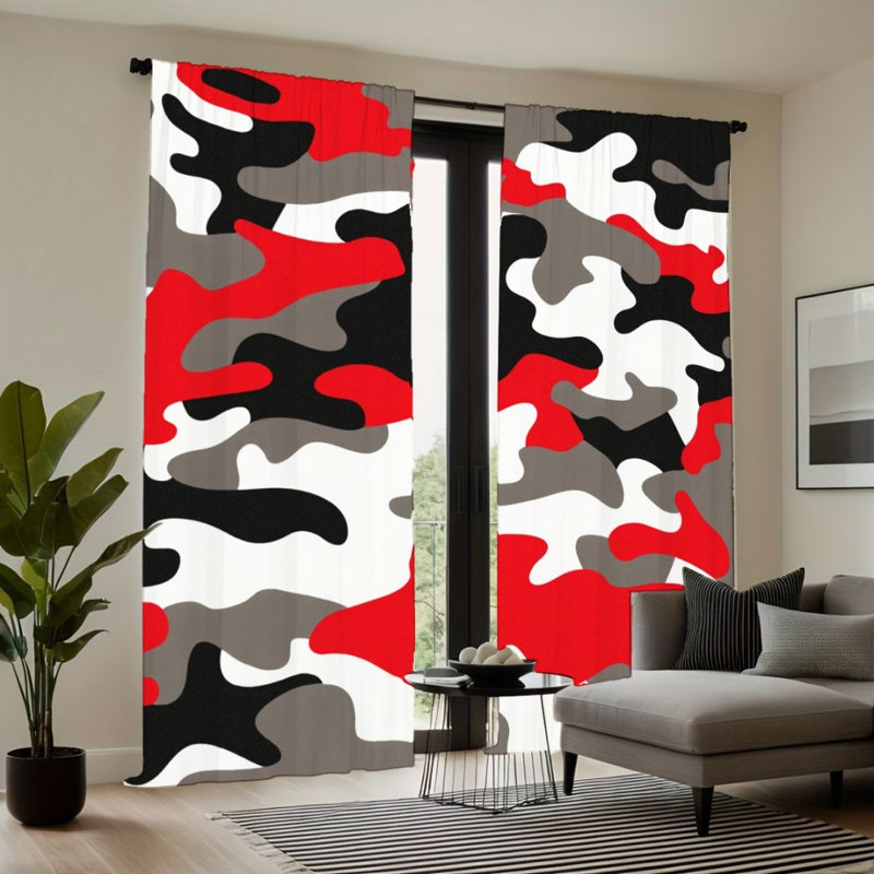 2Pcs Red Black White Pattern Curtains, Bold Style, Light Filtering, Modern Decor For Living Room Bedroom Office Window
