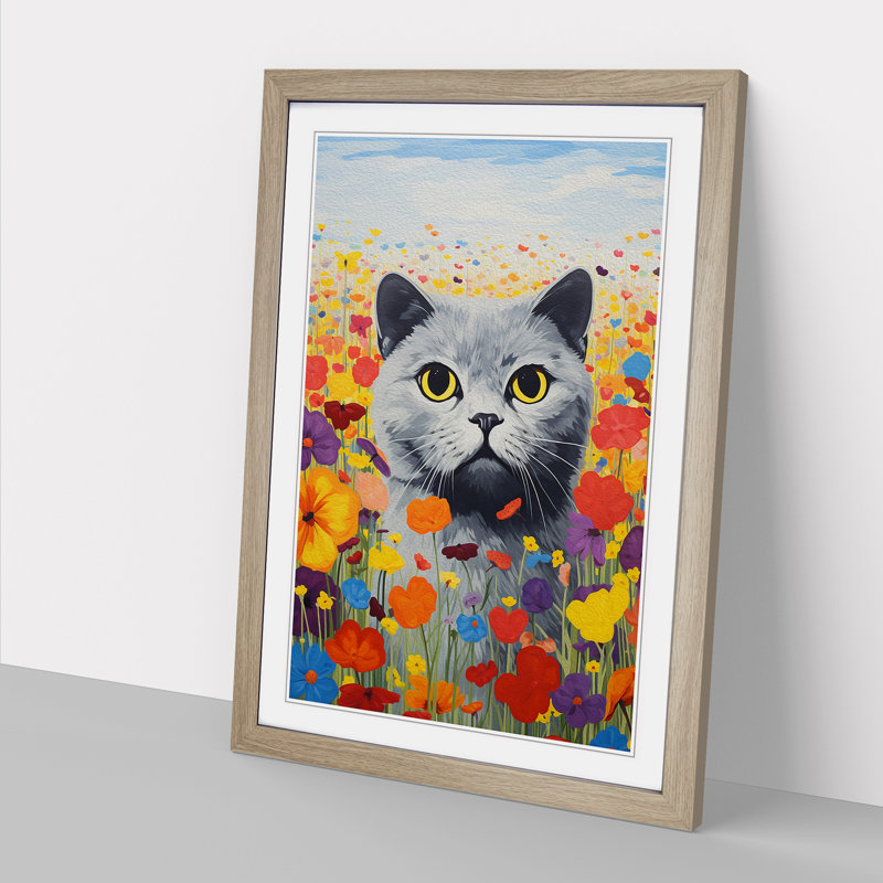 Cat Colour Field No.2 - Single Picture Frame Print on Wood, 34cm H x 25cm W x 2cm D, Oak Framed