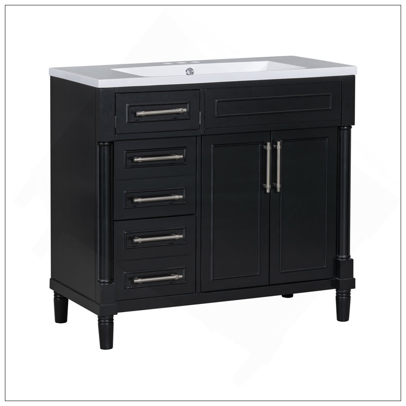 Meuble-lavabo de 36 po avec lavabo en résine supérieur, armoire de rangement autoportante avec 2 tiroirs et un tiroir basculant, ensemble de meuble-lavabo avec cadre en bois massif, tablette à hauteur réglable