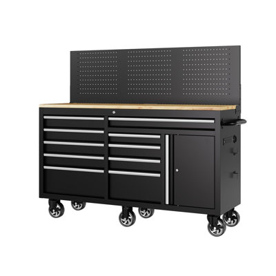 60 Inch Rolling Tool Chest Workbench, 10 Drawers Mobile Tool Cabinet with Pegboard & Charging Station, Heavy-Duty 1750 LBS Capacity for Garage and Workshop