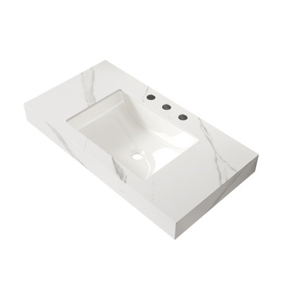36" Carrara White Sintered Stone Countertop and Undermount Ceramic Basin with Three Standard Pre-drilled Faucet Holes, NO Cabinet, NO Faucet and Sink Cover
