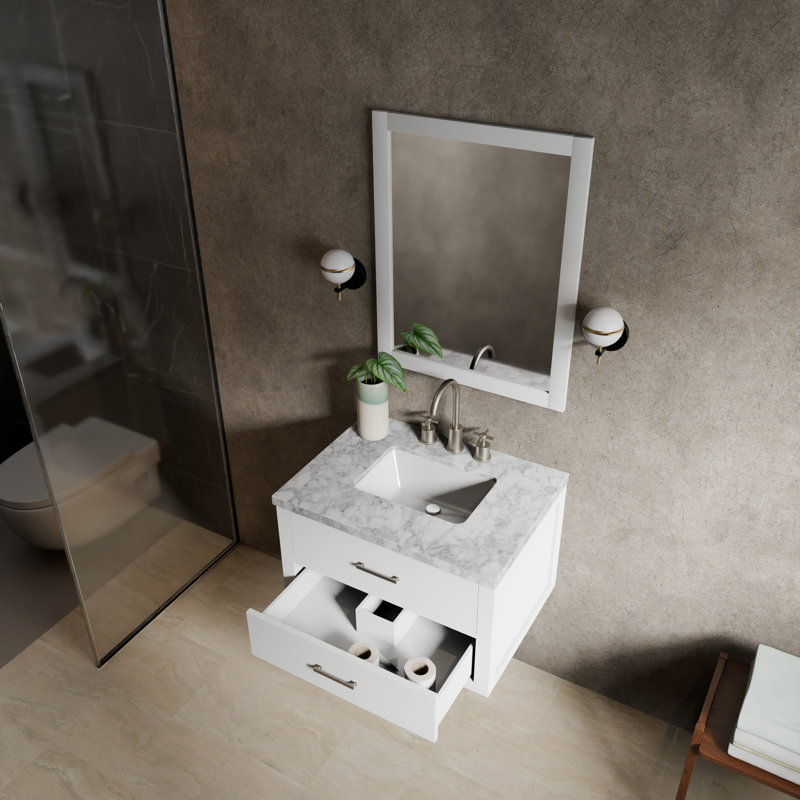 Meuble-lavabo simple l 30 po x P 22 po Castor, Blanc, Marbre de Carrare blanc