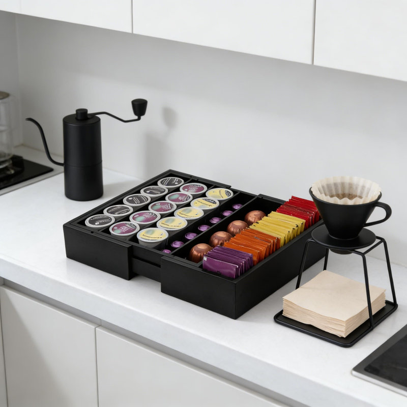 Organisateur de tiroir extensible en bambou pour K-Cups, dosettes de café et sachets de thé - Rangement de cuisine réglable avec plusieurs compartiments