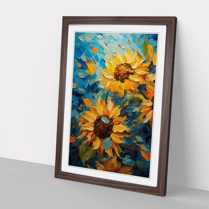 Sunflower Impressionism - Single Picture Frame Print on Wood, 34cm H x 25cm W x 2cm D, Walnut