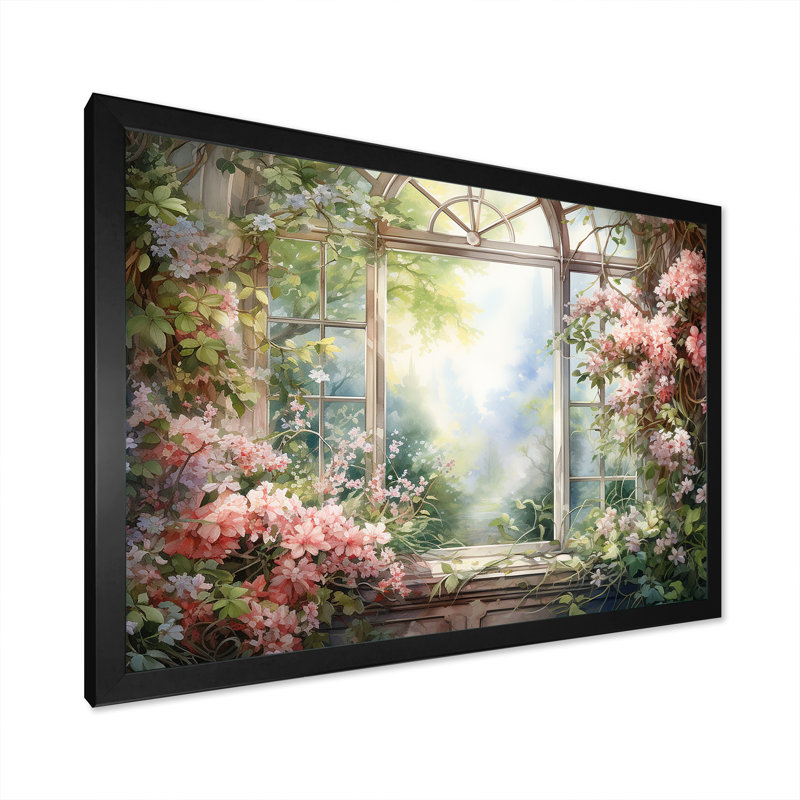 «Pink Blossoming Country Window Gaze II», reproduction d'art sur toile encadrée, Cadre d'angle fermé noir