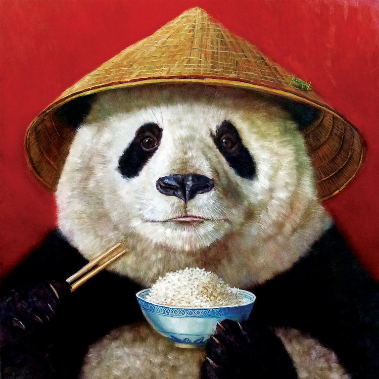 « panda », peinture sur toile tendue, H 18 po x l 18 po x P 1,5 po
