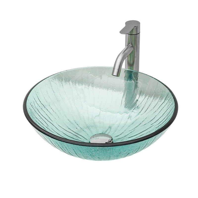 Lavabo de salle de bain vasque en verre texturé vertical artistique avec bonde escamotable