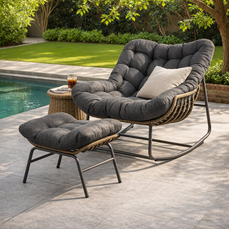 Charlcy Outdoor Wicker Rocking Chair With Ottoman And Cushions, Black