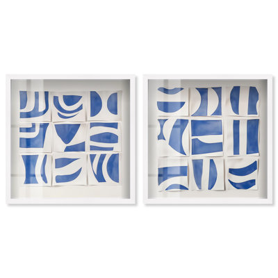 Ensemble d'art mural moderne "Grids of Blue Harmony" par Art Remedy, cadre blanc, 12 x 12