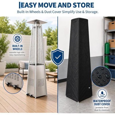 Chauffage de terrasse au propane avec roulettes et housse imperméable, flamme argentée visible, chauffage réglable (basse/haute) | Roulettes et housse imperméable