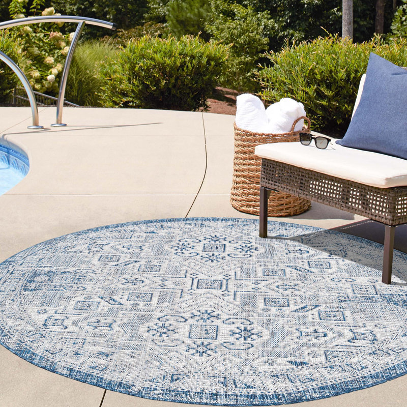 Outdoor Chand Area Rug Ivory-Blue Color, Round 10'