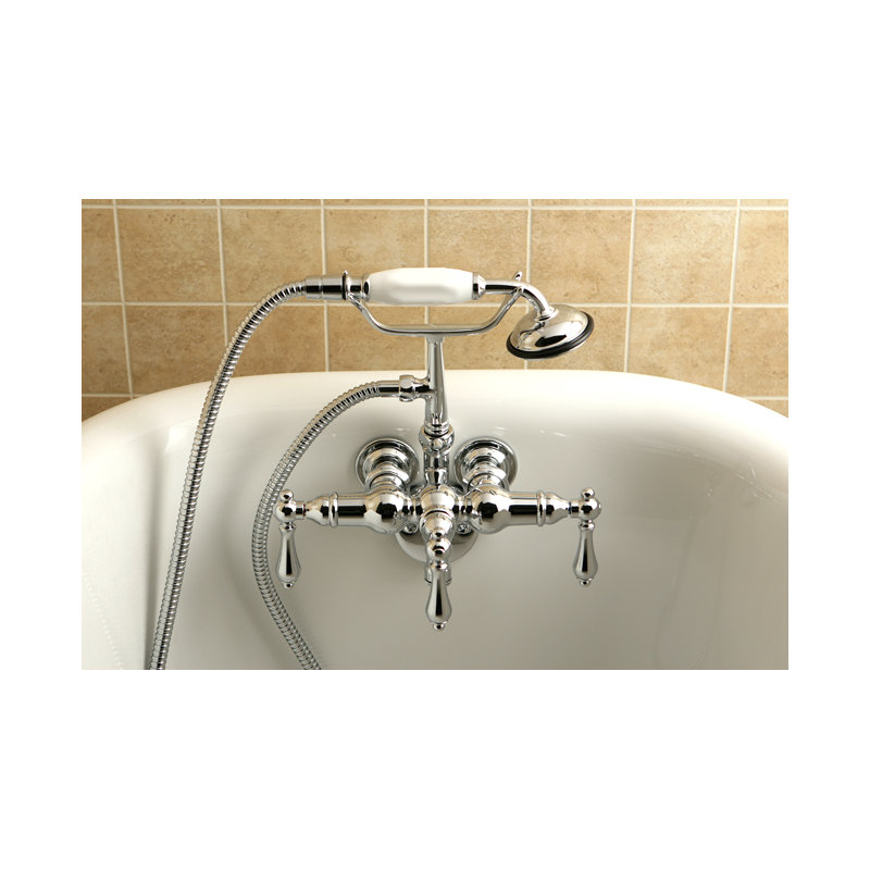 Kingston Brass Vintage Three-Handle 2-Hole Tub Wall Mount Clawfoot Tub Faucet with Hand Shower, Polished Chrome