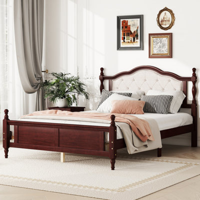 Solid Wood Boucle Upholstered Headboard Bed Frame