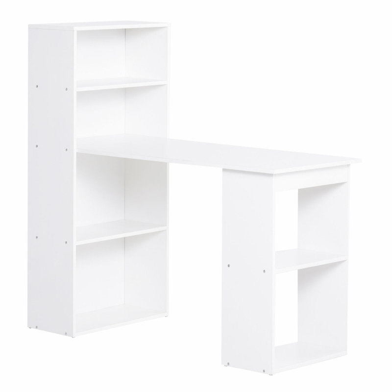 Bureau de bureau moderne avec tablettes de rangement à 6 niveaux, table d'écriture avec bibliothèque de 47 po, Blanc