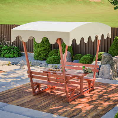 Aalisa Outdoor Waterproof Solid Wood Picnic Table And Bench With Removable Canopy For All - Weather Patios, Gardens, Decks, Parks, Beaches. Wood, 1.06 Inch Thick Tabletop, 1.18 Benches, Commercial Grade