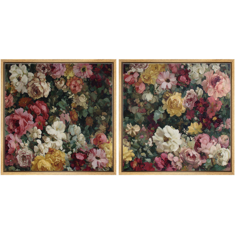 «Classic Blooming Rose Garden Floral», ensemble de 2 œuvres d'art encadrées, H 24 po x l 24 po, Cadre flottant naturel