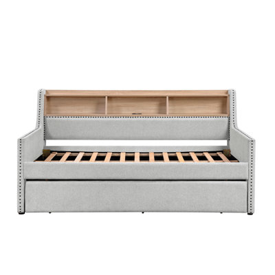 Light Gray Daybed with Pull-Out Trundle - 1pc Modern Furniture with Bookcase Side Panel, Charging Ports & Nailhead Trim