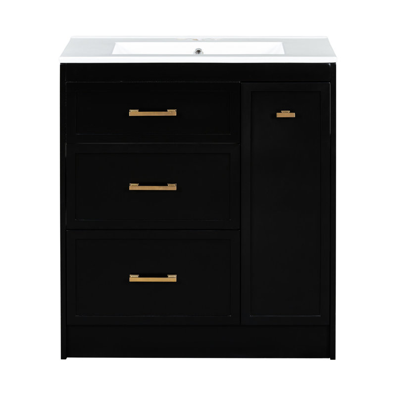 Meuble-lavabo classique 30 po, aspect noir, sur pied, trois tiroirs, lavabo et trop-plein en céramique, meuble-lavabo persistant, conception sur pied, avec