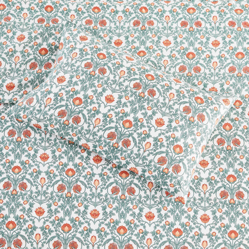 Arts & Crafts Floral Sheet Set, Full Sheet Set + 2 Standard Pillowcases, Orange