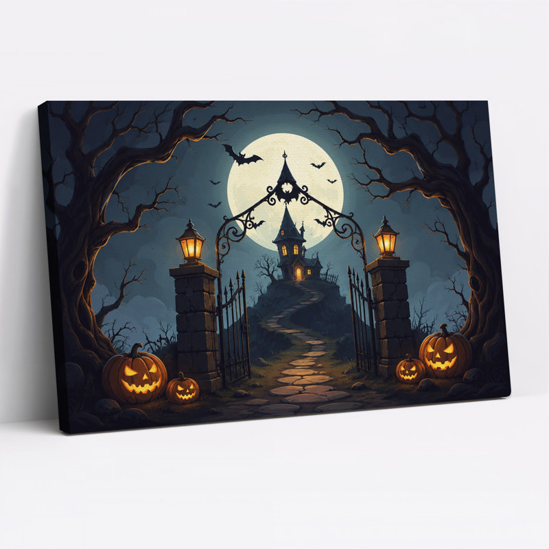 «Haunted House Under Full Moon with Glowing Halloween», art mural sur toile, 20"H x 30"W