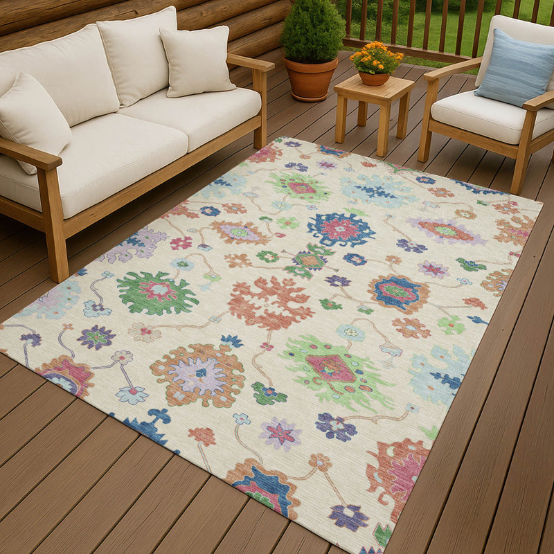 Machine Washable Indoor/Outdoor Chantille ACN2532 Traditional Rug, Ivory, Rectangle 5' x 7'6"