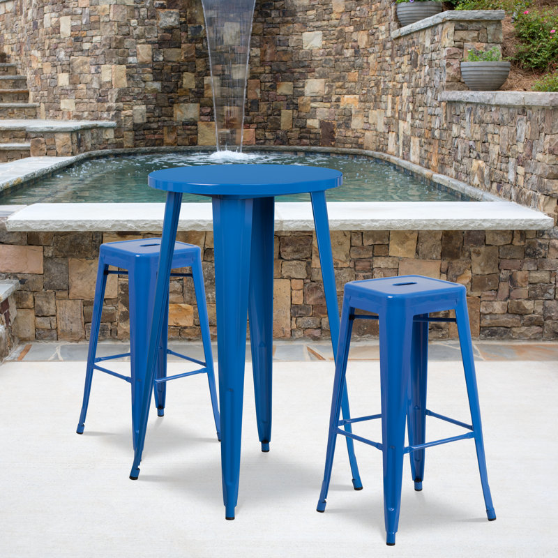 Gyala Round Metal Indoor-Outdoor Bar Table Set with 2 Square Seat Backless Stools, Blue, 41" H x 30" W x 30" D
