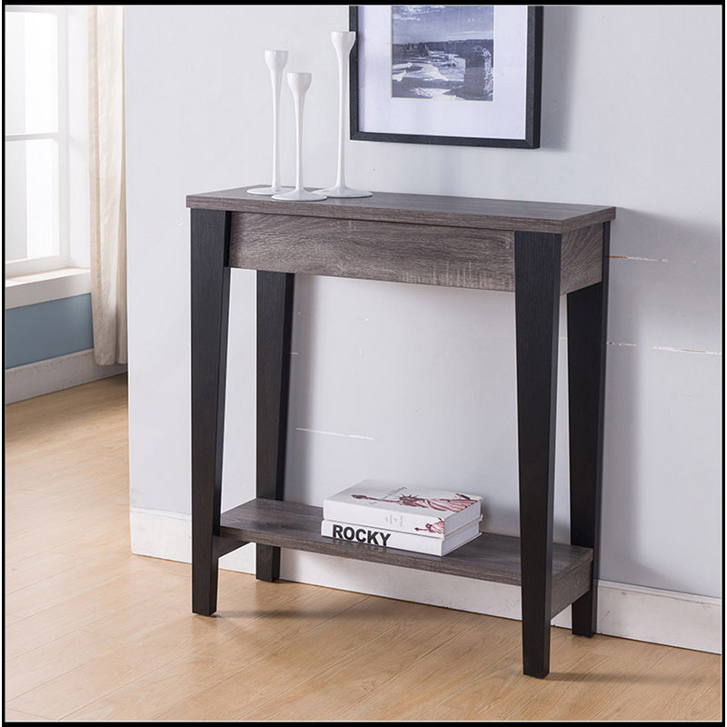 Home, console élégante, table de présentation avec tiroir et tablette inférieure en gris et noir patinés