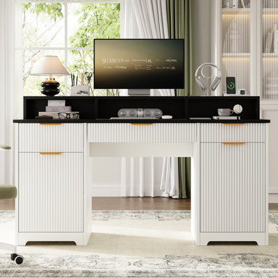 Bureau avec prises de courant et support pour écran surélevé, le long du tiroir à clavier Compartiments pour dossiers polyvalents, spacieux et ergonomique pour le bureau à domicile, bureau de 35,8 po de hauteur offrant un rangement organisé