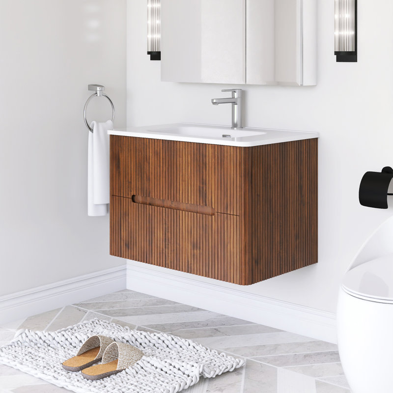 Ensemble de meuble-lavabo mural 30 po avec comptoir intégré en céramique, Noyer