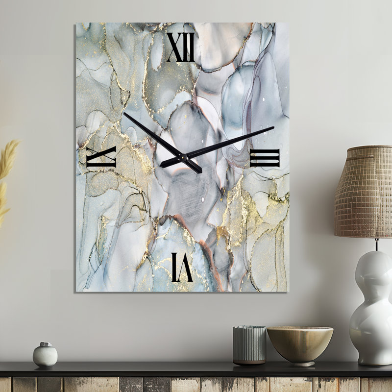 Horloge murale abstraite grise et jaune à l'encre liquide, Médium