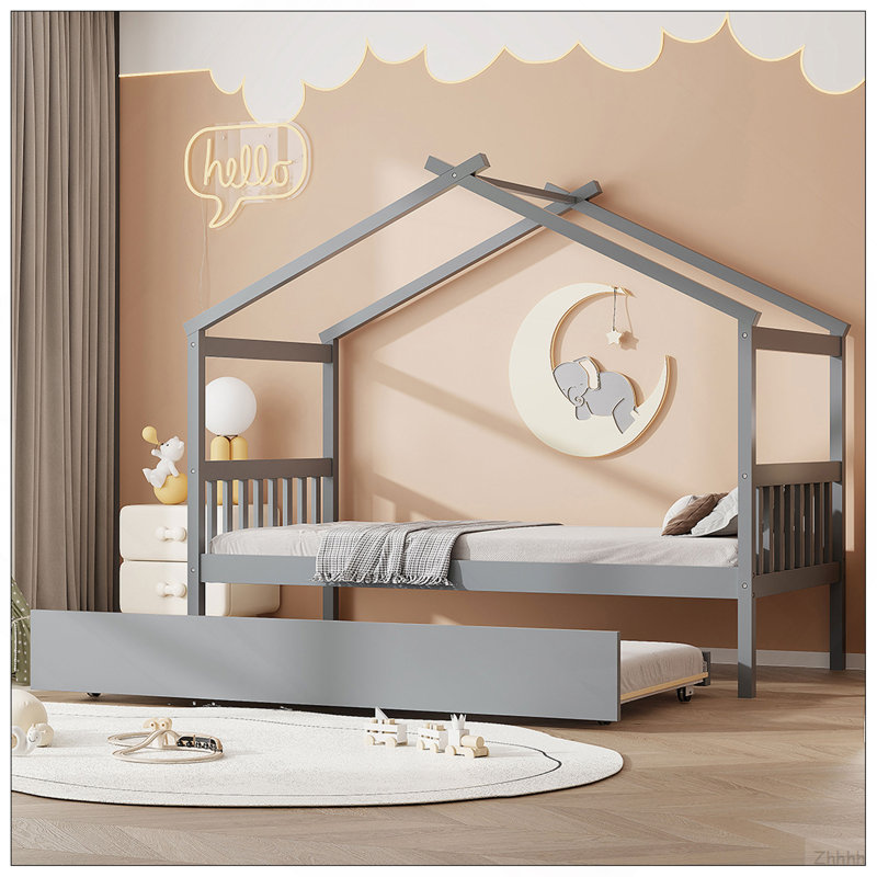 Lit simple en bois avec lit gigogne simple, Twin, Gray