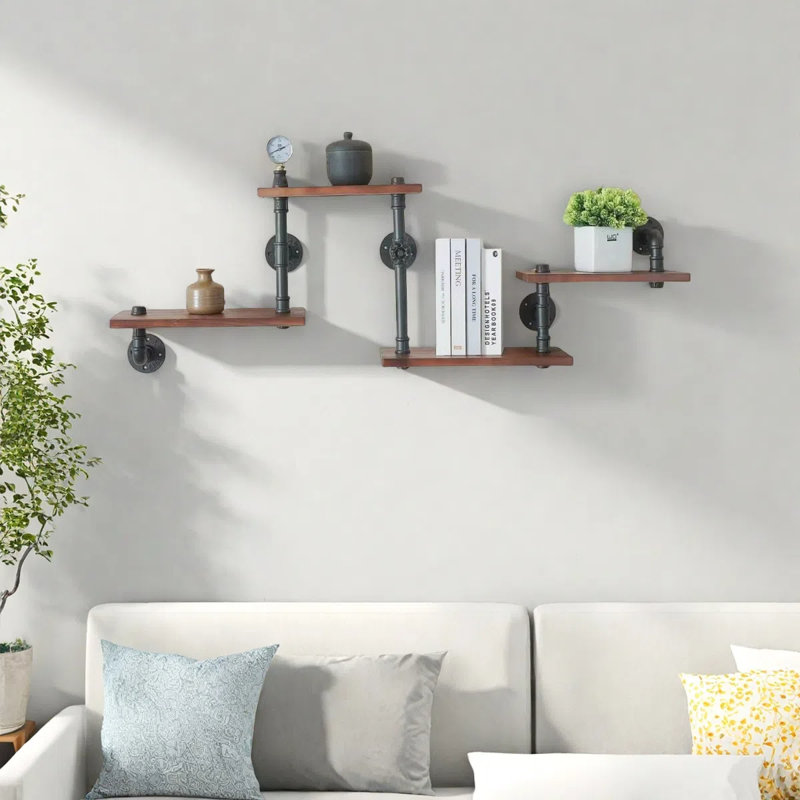 Industrial Pipe Shelving, Farmhouse Shelves For Wall Mount Pipe Bookshelf Floating With Rustic Wooden Planks For Bar Kitchen Living Room