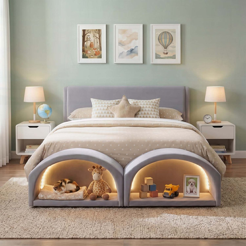 Base de lit tapissier pour grand lit avec deux grottes pour chat, nids pour animaux de compagnie éclairés à DEL au pied de lit, gris
